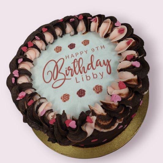 Celebration cake - pink and chocolate design